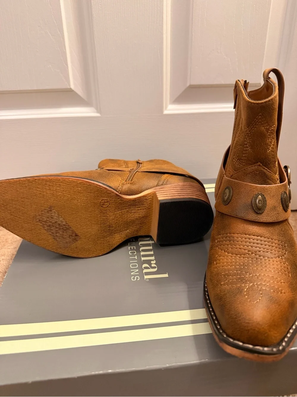 Natural Reflections Men's Tan Leather Short Western Boots with Concho Strap